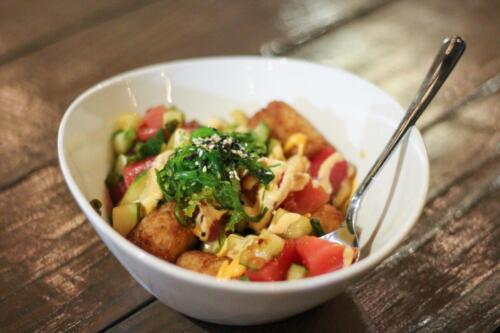 Ahi Tuna Poke with Rice tots green onion, cucumber, seaweed salad, Sriracha aioli 2